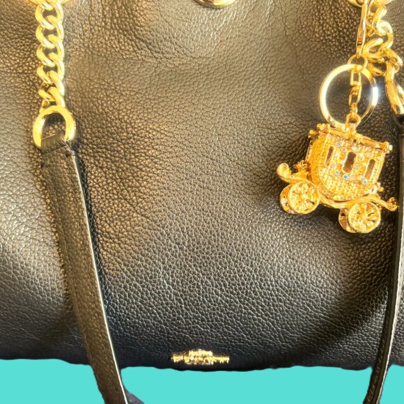 Coach Womens Black Polished Pebble Leather Turnlock Chain Tote 27 Bag - Picture 5 of 12